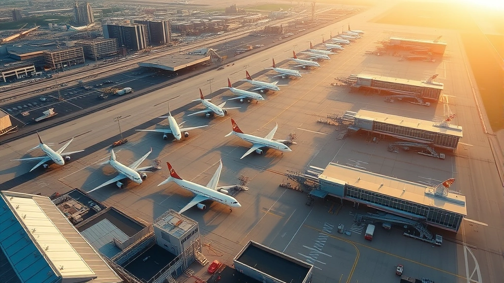 Aerial view of JFK International Airport with multiple aircraft parked at gates, modern terminal buildings, morning light, professional aviation photography