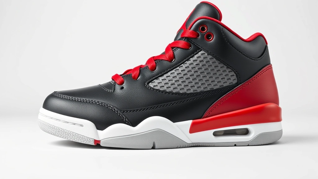 High-quality close-up of Jordan Flight Club '91 sneaker in classic black and red colorway, displayed on clean white background, showing detailed leather texture and Jumpman logo, professional product photography style