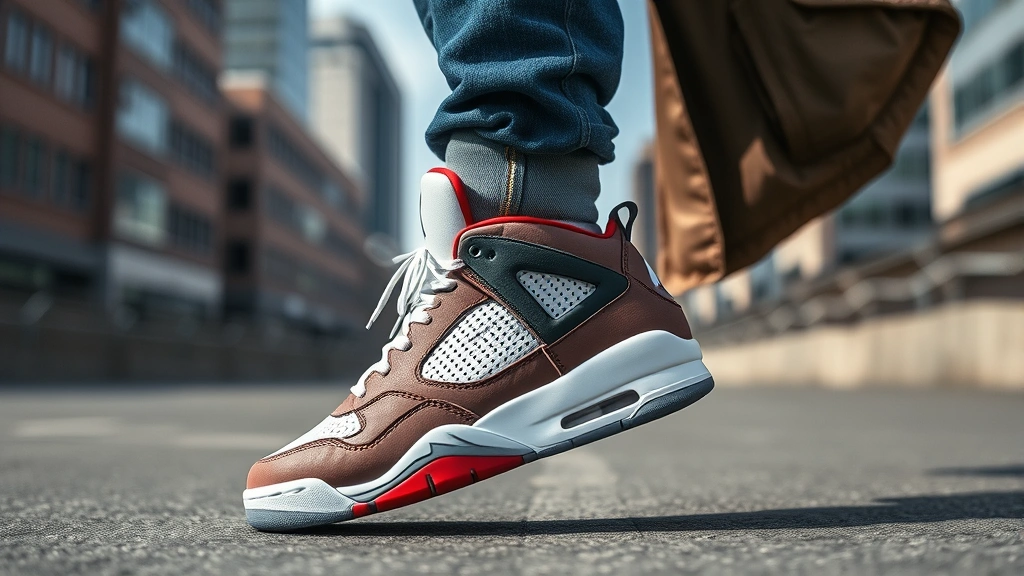 Lifestyle shot of Jordan Flight Club '91 styled with casual travel wear including denim and oversized jacket, photographed outdoors in urban setting with natural daylight, showing shoe from side angle