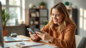 Young woman smiling while using smartphone to book flights on Klarna app with credit card visible on desk, modern home office background with travel documents