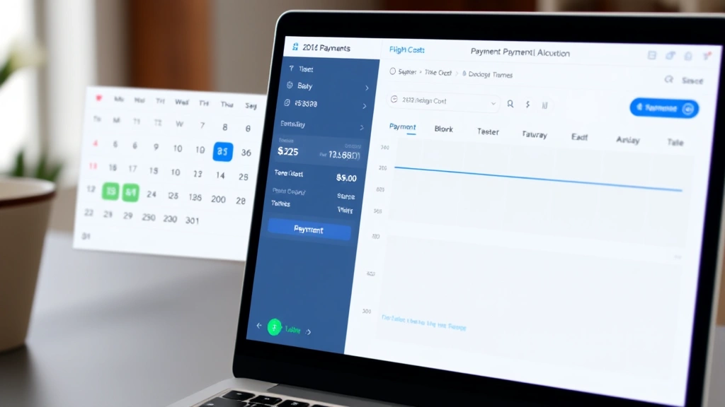 Split-screen showing calendar with payment schedule dates marked, calculator displaying flight cost breakdown, and Klarna payment plan timeline visualization on laptop screen