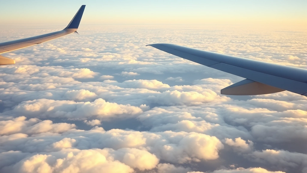 Modern Boeing 737 cruising at 35000 feet above scattered clouds during daytime, wing visible with clear sky horizon, commercial aircraft in flight over landscape