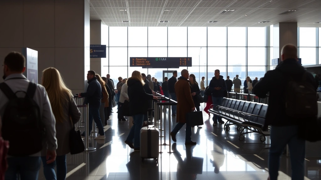 Busy departure lounge at LAX airport terminal with travelers at gates, natural light from windows, airport interior with modern seating and signage visible in background