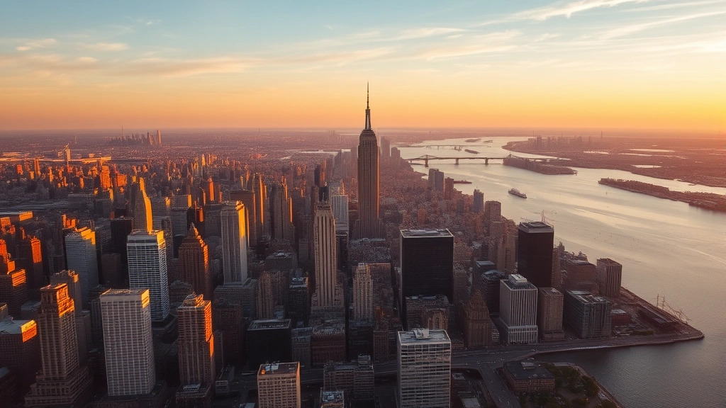 Aerial view of New York City skyline with Manhattan skyscrapers and Hudson River during golden hour sunset, cityscape photography from aircraft altitude