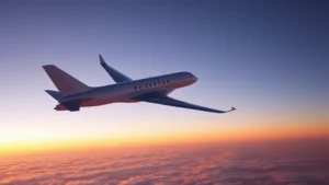 Sleek modern commercial jet aircraft in flight over vast American landscape at sunset, wings slightly banked, clear sky with distant clouds below, photorealistic daylight photography