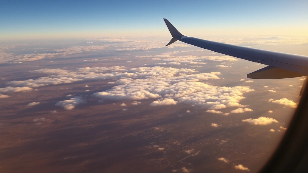 Stunning aerial view from aircraft window showing patchwork farmland and terrain transitioning from desert to urban sprawl, clouds scattered below, golden hour lighting