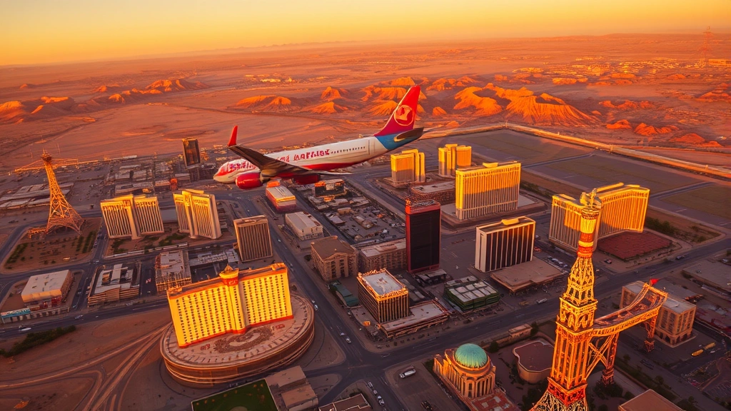 Aerial view of Las Vegas strip with desert landscape below, commercial aircraft flying overhead, sunset golden hour lighting, photorealistic