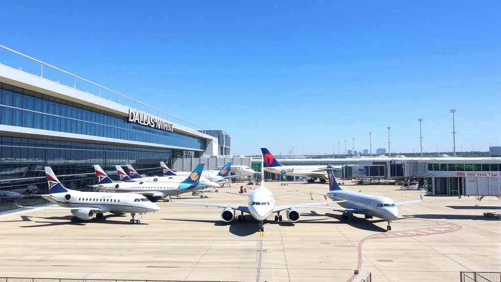 Dallas Fort Worth International Airport exterior, multiple aircraft parked at gates, modern architecture with glass and steel, clear blue sky, professional aviation setting