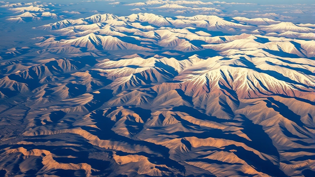 Scenic aerial view of the Rocky Mountains landscape between Las Vegas and Denver, showing desert terrain transitioning to snow-capped peaks with afternoon sunlight casting shadows across the mountains