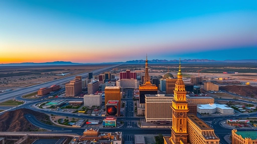 Aerial view of Las Vegas Strip at sunset with desert landscape and Harry Reid International Airport runway visible in distance, photorealistic travel photography