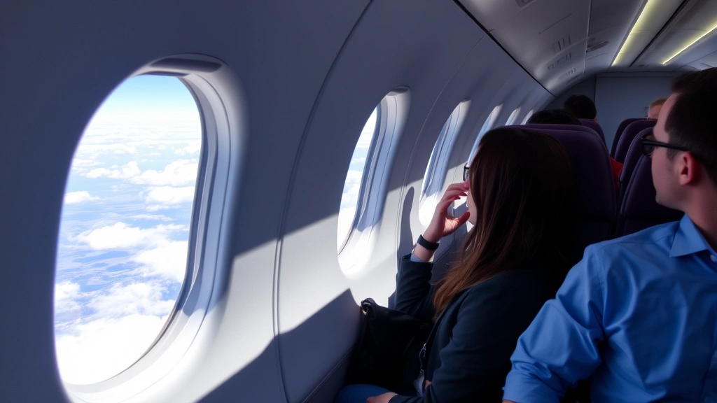Modern commercial aircraft cabin interior during flight with passengers, natural window light, cruising altitude view of clouds and landscape below