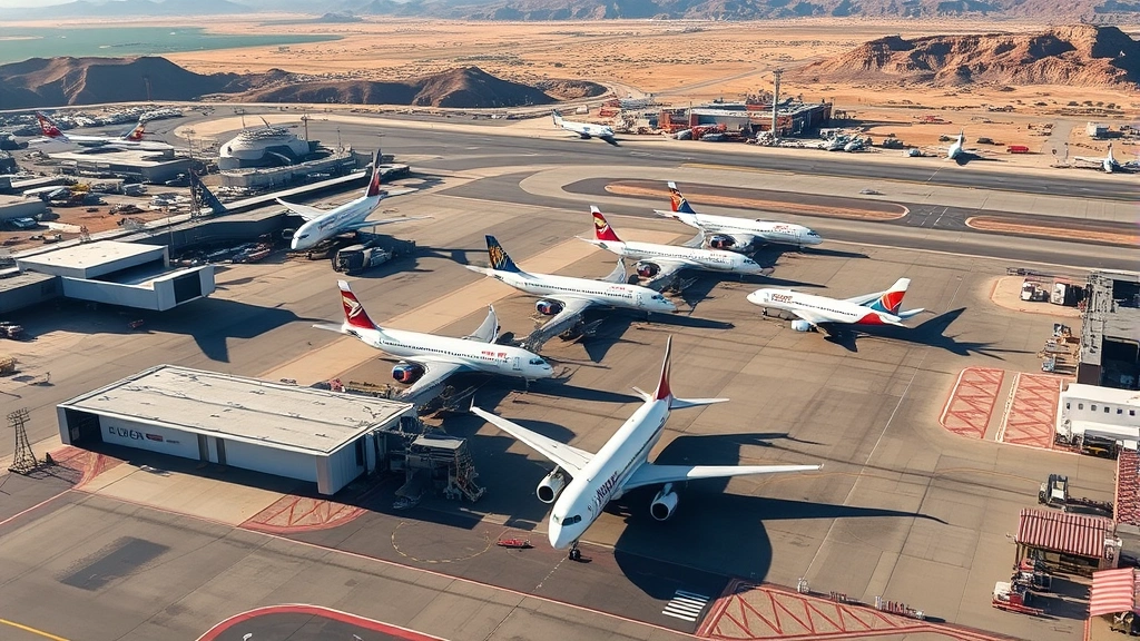 Aerial view of Las Vegas airport tarmac with multiple commercial aircraft parked at gates during daytime, desert landscape visible in background