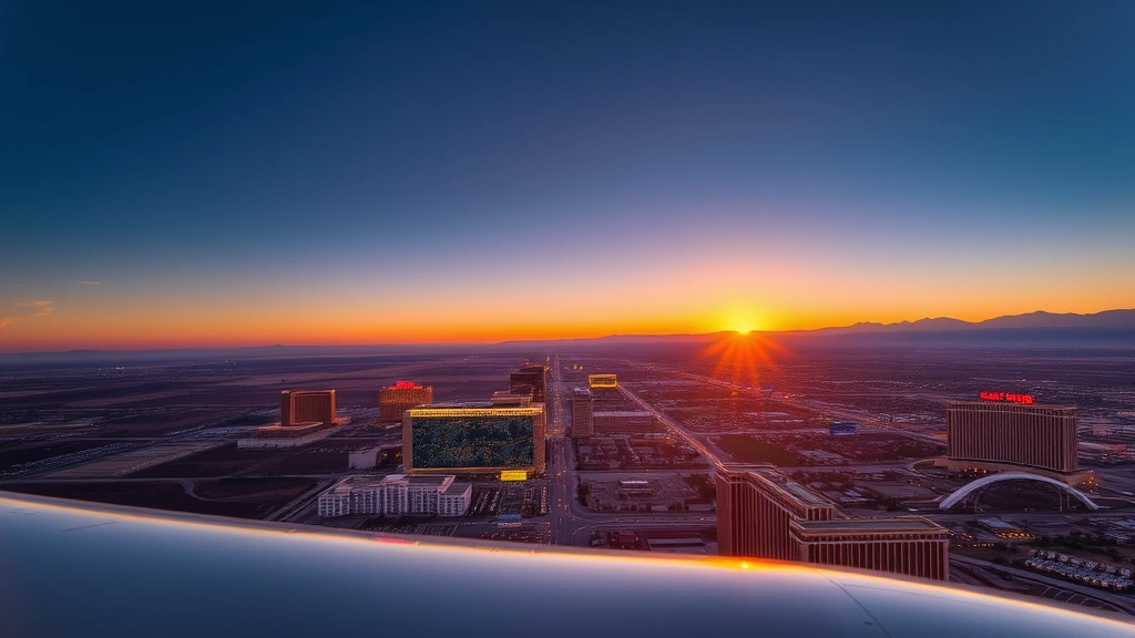 Aerial view of Las Vegas Strip with desert landscape at sunset, airplane wing visible in foreground, modern cityscape below