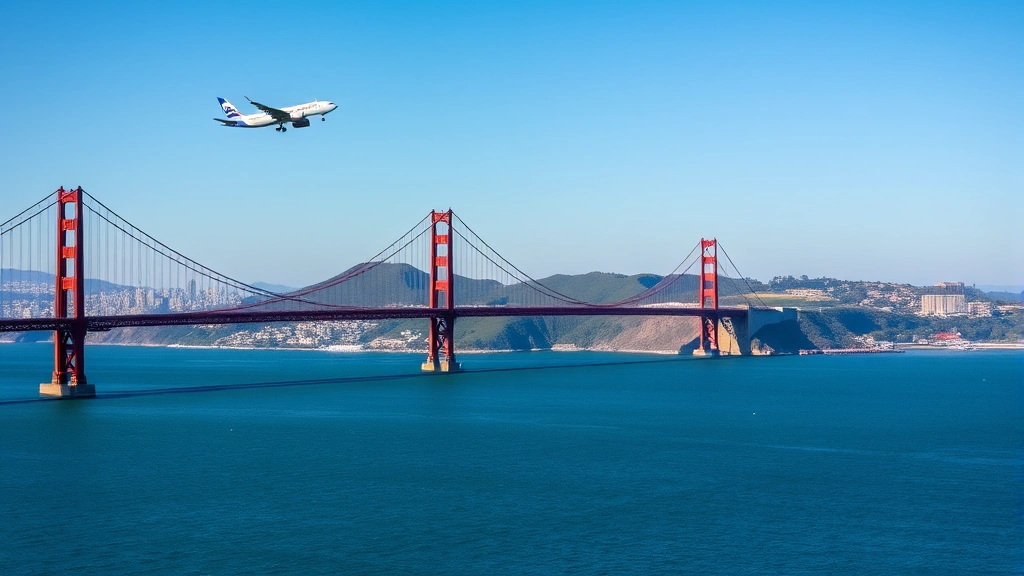 San Francisco Bay Bridge and Golden Gate Bridge spanning blue water with downtown skyline, passenger airplane approaching overhead, clear sky