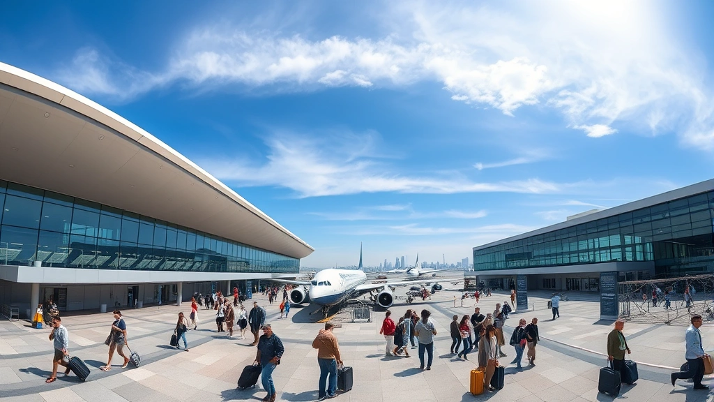 Wide-angle view of LAX Terminal with modern architecture, blue sky, planes visible, travelers with luggage walking, vibrant and busy atmosphere