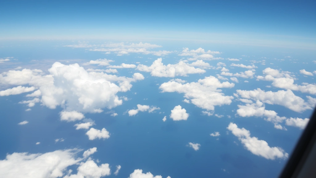 Overhead shot of airplane cabin cruising over scattered clouds and blue ocean during daytime, window seat view showing horizon line