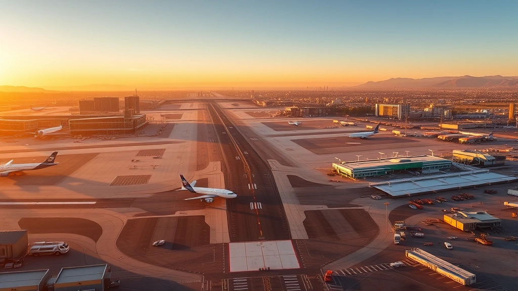 Overhead aerial view of Los Angeles International Airport LAX with multiple runways, taxiing aircraft, and terminal buildings visible during golden hour sunset lighting