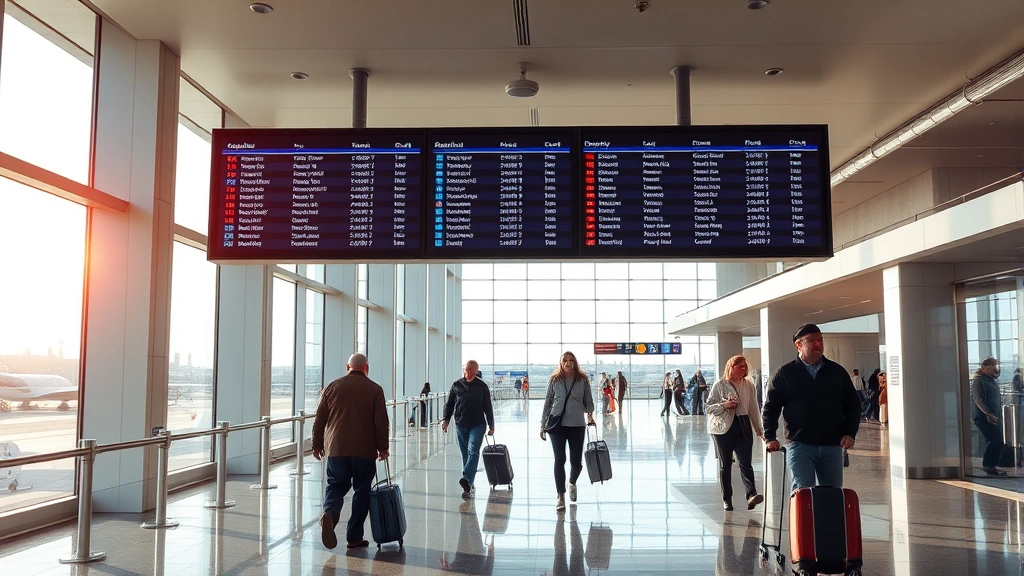 Modern airport interior showing departure board with flight information, travelers with luggage walking through contemporary terminal corridor with natural light from large windows