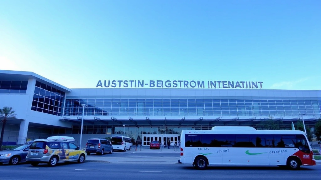 Austin-Bergstrom International Airport modern terminal exterior with contemporary architecture, blue sky, and ground transportation including rental car shuttles and passenger vehicles
