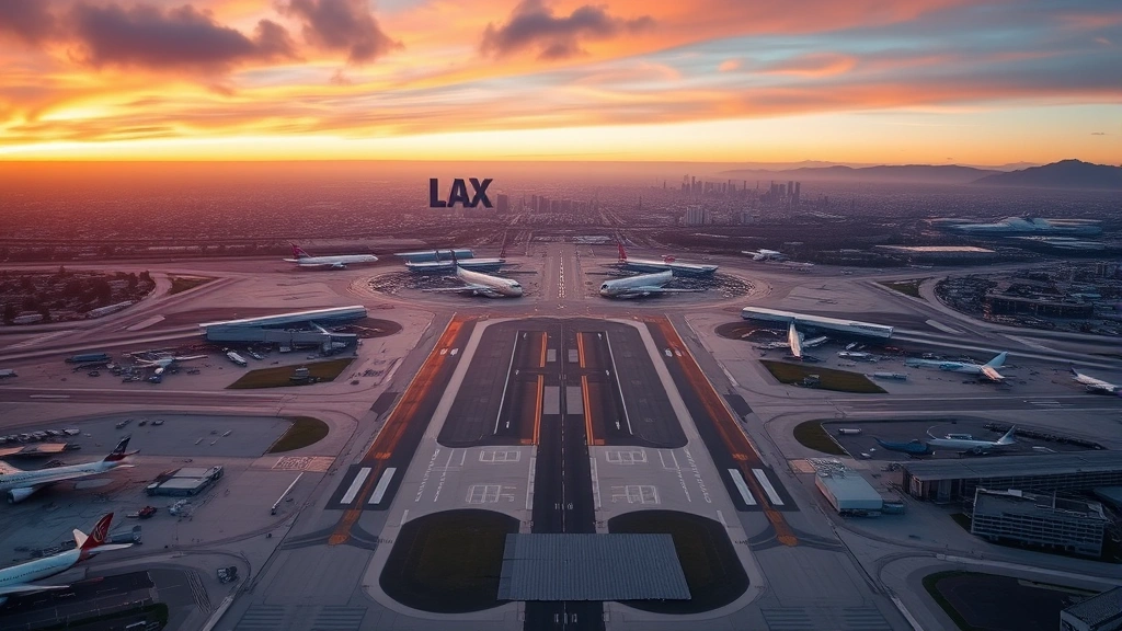 Aerial view of Los Angeles International Airport LAX with runways, taxiways, and aircraft during golden hour sunset, showing terminal buildings and surrounding cityscape