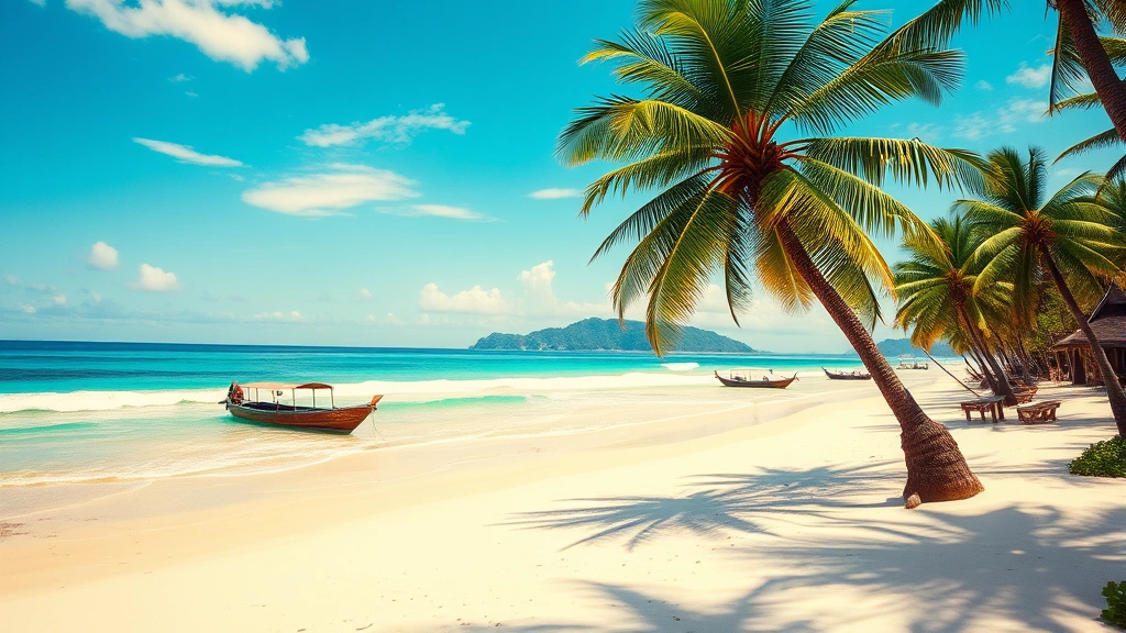 Tropical beach scene in Bali with turquoise ocean waters, white sand, palm trees, and traditional outrigger boats, no people visible, vibrant natural lighting