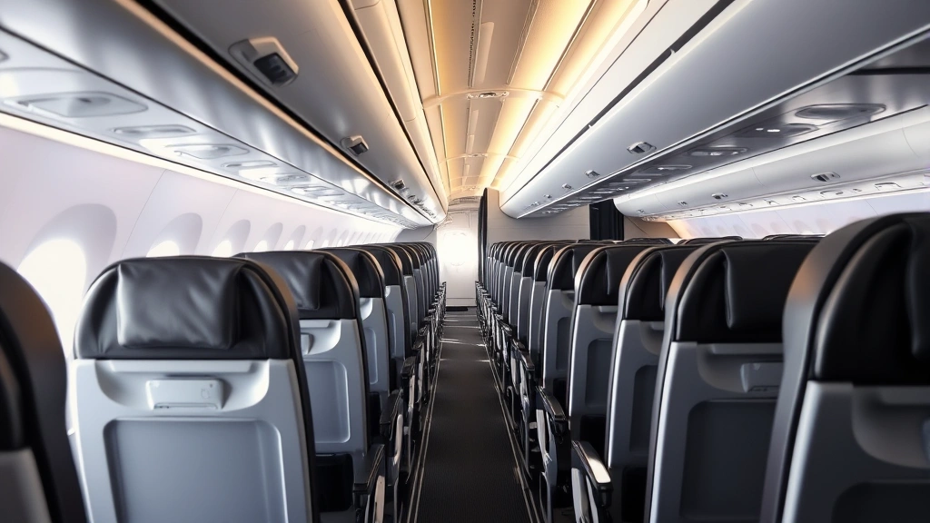 Modern aircraft cabin interior showing rows of economy seats, overhead bins, and aisle during daytime flight with window light streaming in, empty cabin view