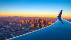 Aerial view of Denver skyline with snow-capped Rocky Mountains in background during golden hour, airplane wing visible in frame, clear blue sky