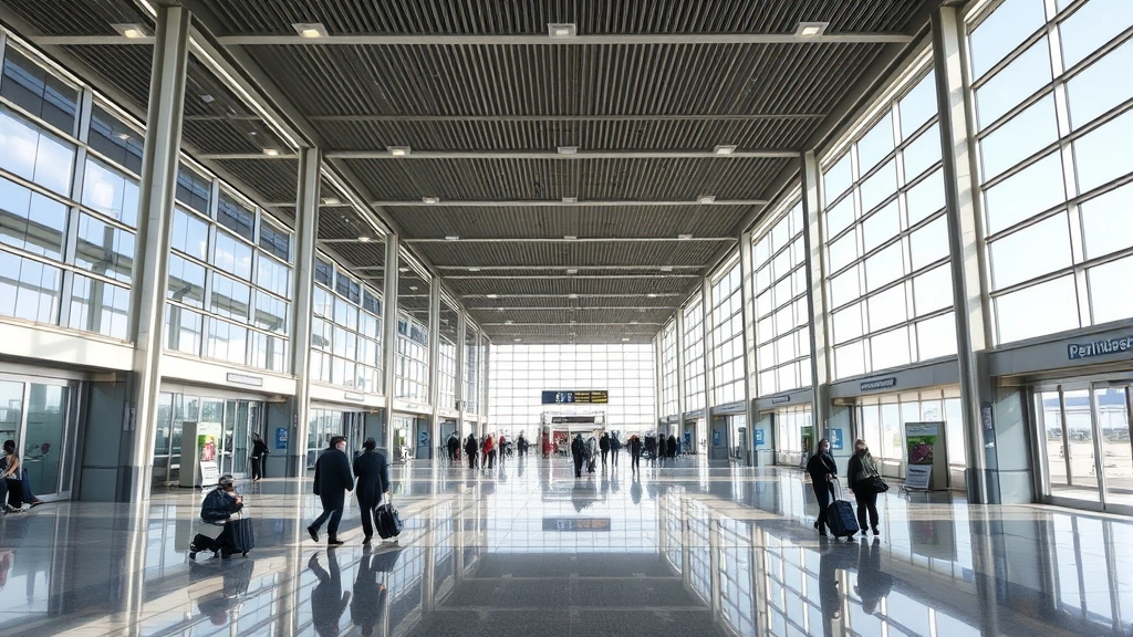 Modern Denver International Airport terminal interior with high ceilings, natural light, travelers with luggage walking through spacious corridor, contemporary architecture
