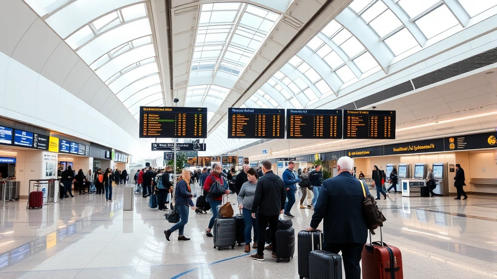 Los Angeles International Airport departure hall with directional signs and flight information displays, travelers checking luggage, modern terminal design with skylights