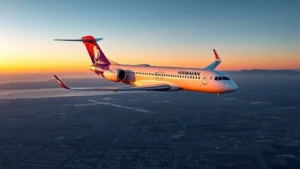Boeing 717 aircraft in Hawaiian Airlines livery departing LAX airport at sunset with California coastline visible below, realistic professional aviation photography