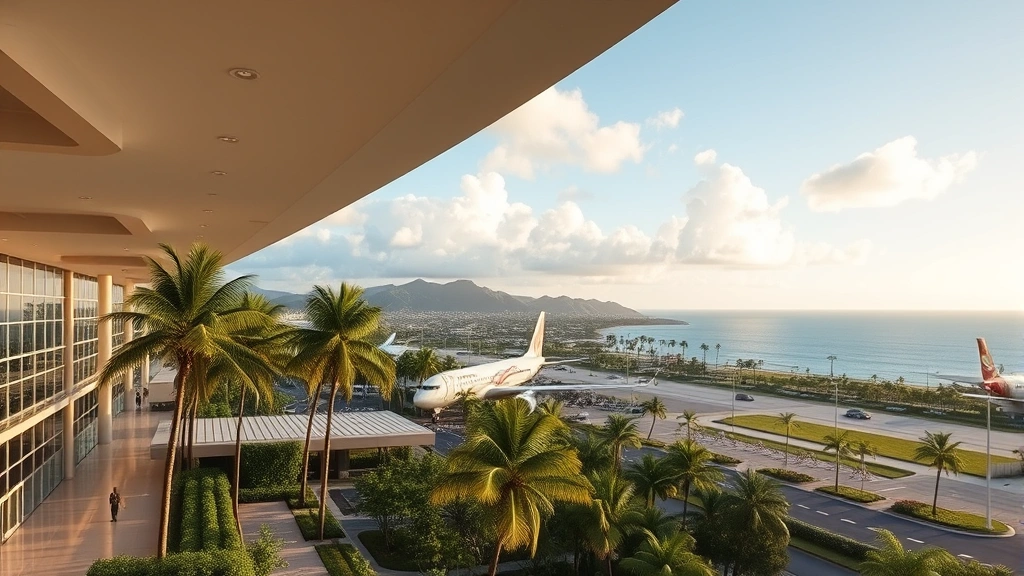 Daniel K. Inouye International Airport terminal in Honolulu with tropical landscape and ocean views in background, modern airport architecture with palm trees