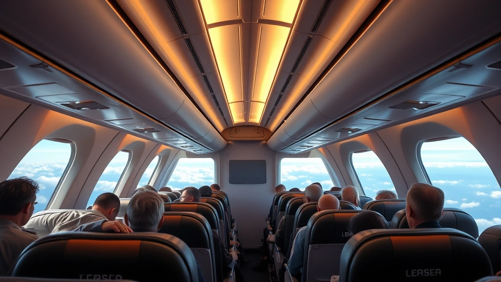 Modern aircraft cabin interior showing comfortable economy seating with passengers during flight, warm lighting, window views of clouds and horizon, in-flight service scene without visible text or signage