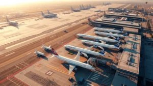 Aerial view of Los Angeles International Airport LAX with planes at gates, morning sunlight, photorealistic, no text visible