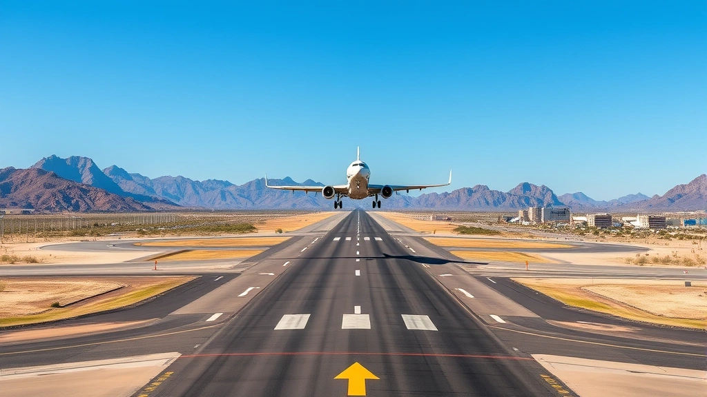 Phoenix Sky Harbor International Airport runway with desert landscape, aircraft landing approach, clear blue Arizona sky, photorealistic