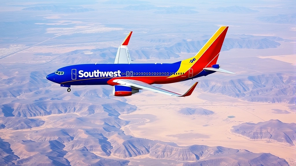 Southwest Airlines Boeing 737 in flight over desert terrain between California and Arizona, mid-flight perspective, photorealistic, no visible text