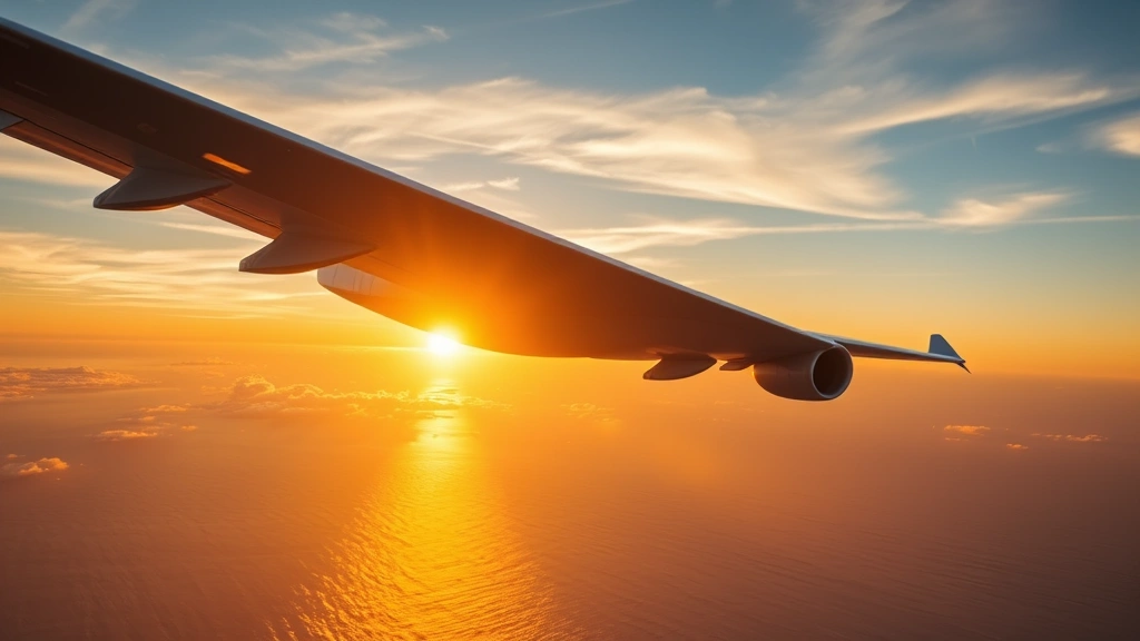 Photorealistic wide-body aircraft cruising over Pacific Ocean at sunset with golden light, showing wing and engine detail against blue sky and ocean below