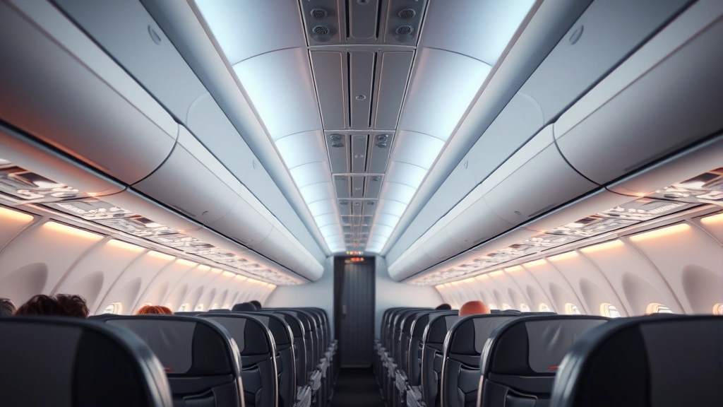 Modern aircraft cabin interior during long-haul flight showing comfortable economy seating, overhead bins, and aisle with soft mood lighting