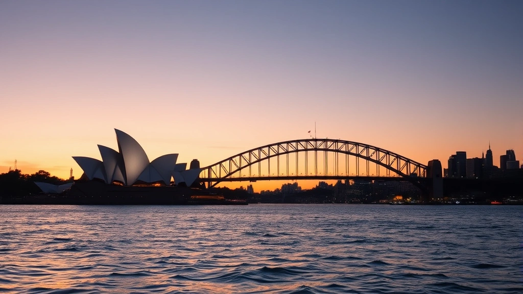 Sydney Opera House and Harbour Bridge at sunset with sparkling water reflections and modern city skyline, no people or text visible