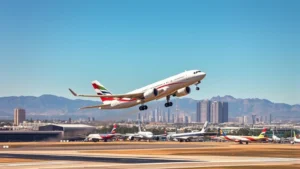 Modern aircraft taking off from LAX with Los Angeles skyline and mountains in background, sunny afternoon lighting, realistic photography