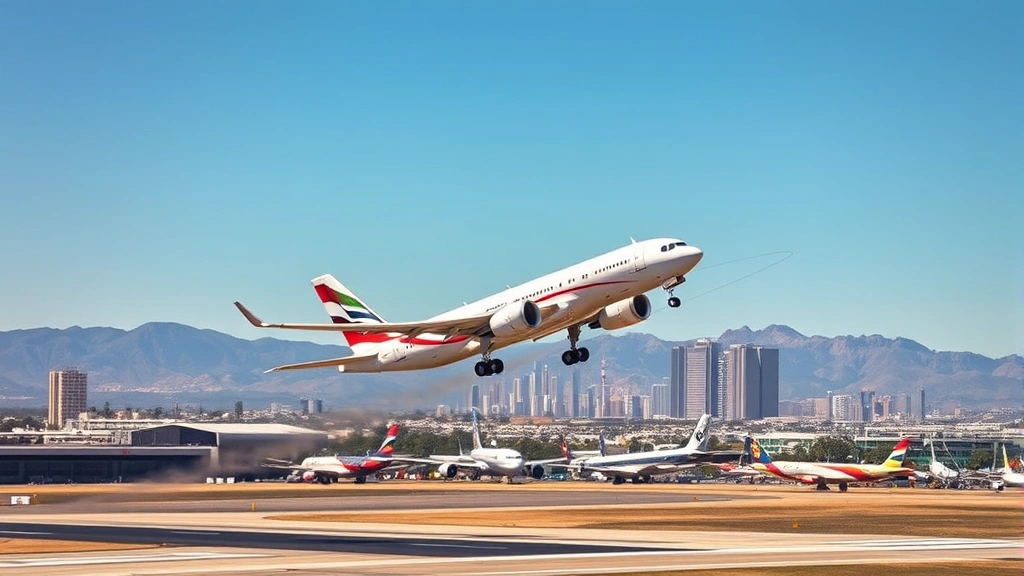 Modern aircraft taking off from LAX with Los Angeles skyline and mountains in background, sunny afternoon lighting, realistic photography