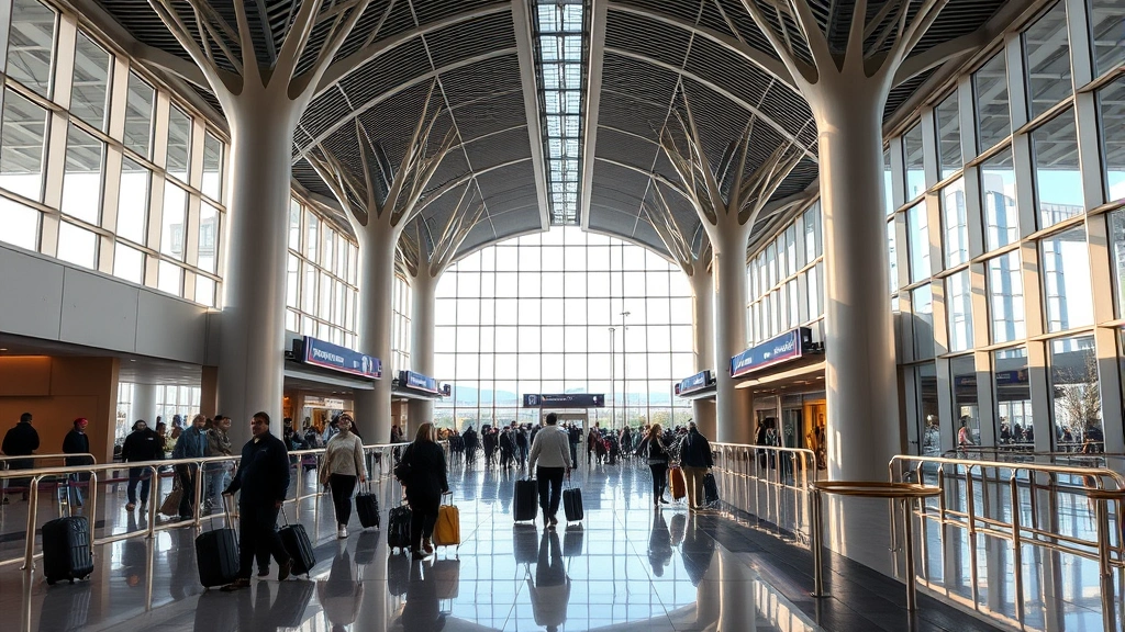 Vancouver International Airport terminal interior with modern architecture, travelers with luggage, natural light from windows, contemporary design aesthetic