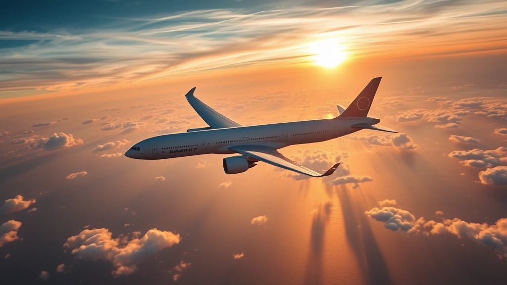 Boeing 777 ultra-long-range aircraft in flight over vast ocean with sunrise, showing sleek fuselage against clouds and water below, professional aviation photography