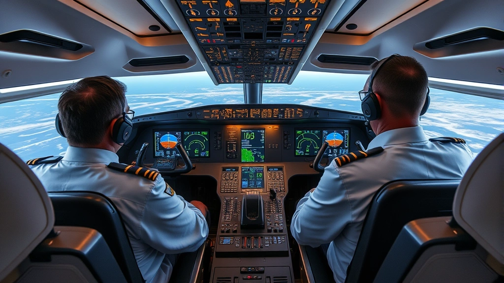 Modern aircraft cockpit interior with pilots reviewing flight instruments and navigation displays, showing advanced avionics systems and controls for ultra-long-haul operations