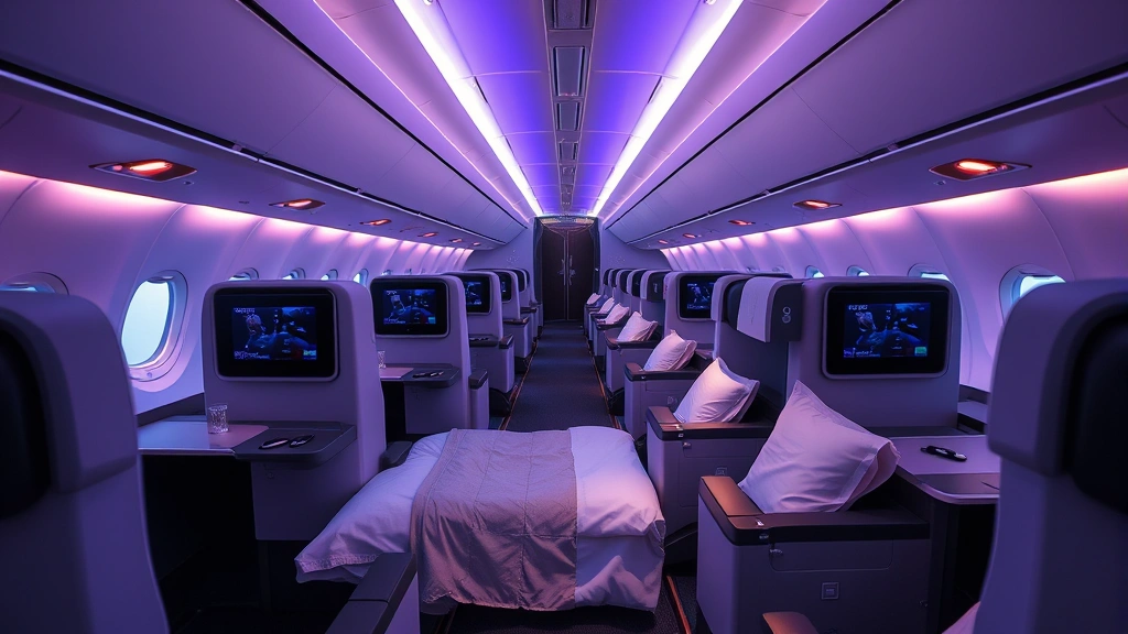 Premium business class cabin on widebody aircraft with lie-flat seats, ambient lighting, and elegant interior design, empty cabin showing passenger comfort amenities