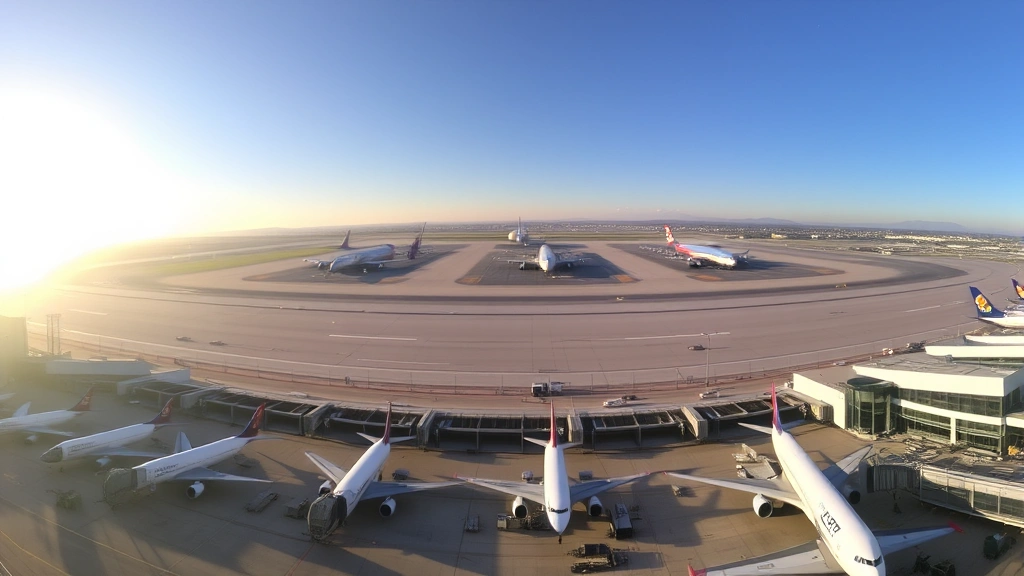 Panoramic view of Los Angeles International Airport with aircraft parked at gates, morning sunlight illuminating the terminal buildings and runways