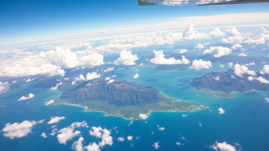 Aerial view of Hawaiian islands from cruising altitude, Pacific Ocean turquoise waters visible below, white clouds scattered across landscape, daytime golden light