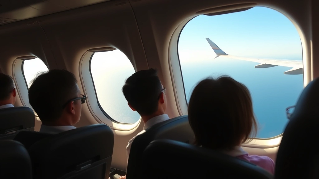 Commercial aircraft cabin interior during flight, passengers seated by window viewing ocean below, wing visible in distance, natural daylight streaming through windows