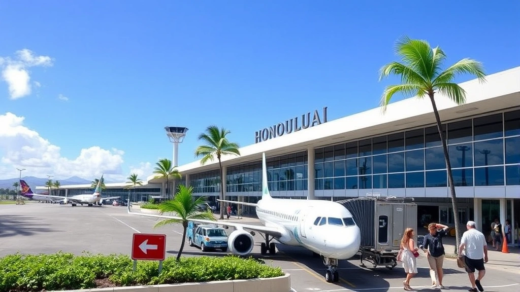 Honolulu airport terminal with aircraft parked at gate, tropical vegetation visible, clear blue sky, modern airport architecture, travelers in casual vacation attire