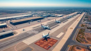 Aerial view of Los Angeles International Airport with multiple aircraft on tarmac and runway, sunny California landscape visible below, professional aviation photography