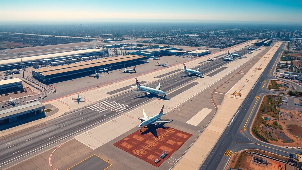 Aerial view of Los Angeles International Airport with multiple aircraft on tarmac and runway, sunny California landscape visible below, professional aviation photography